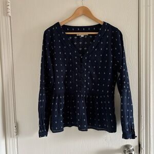 LOFT Navy Blue Printed V-Neck Peplum Top Women’s Size Medium Long Sleeve